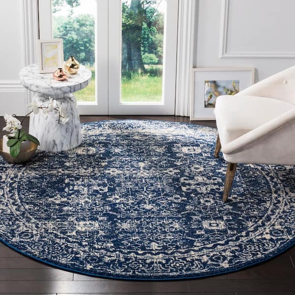 Evoke Navy/Ivory Doormat 3 ft. x 3 ft. Round Floral Speckles Distressed Area Rug