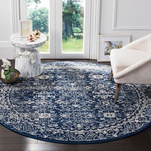 Evoke Navy/Ivory 5 ft. x 5 ft. Round Floral Speckles Distressed Area Rug