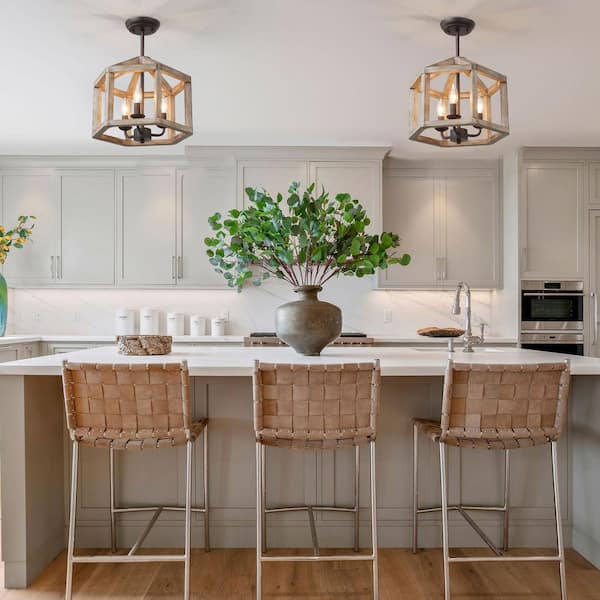 Rustic Drum Bronze Wood Semi-Flush Mount, Industrial Geometric 3-Light Farmhouse Candlestick Antique Ceiling Lighting