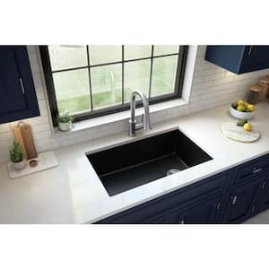 QU-670 Quartz/Granite 32 in. Single Bowl Undermount Kitchen Sink in Black with Bottom Grid and Strainer