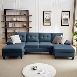 111.03 in. W Pillow Top Arms 4-Seat U Shaped Fabric Modern Sectional Sofa in Blue with Double Chaise