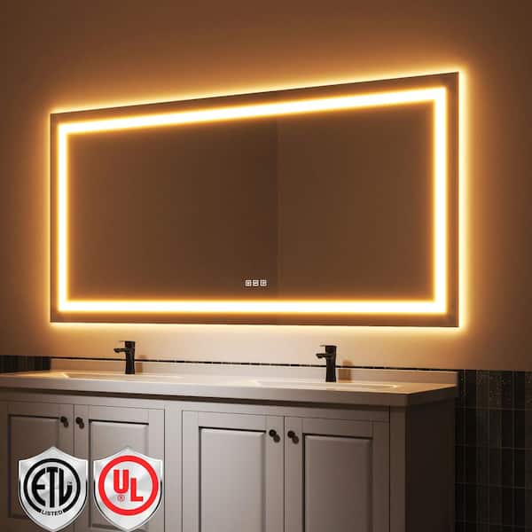 84 in. W x 40 in. H Rectangular Frameless LED Light Anti-Fog Bathroom Wall Mirror with Backlit and Front Light