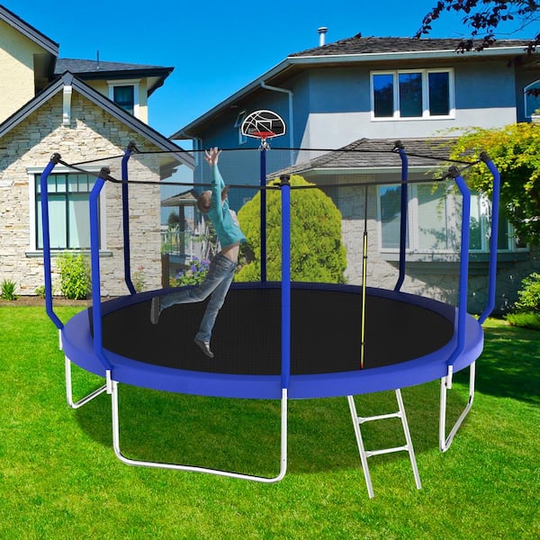 12 ft. Blue Round Trampoline with Safety Enclosure Net and Basketball Hoop