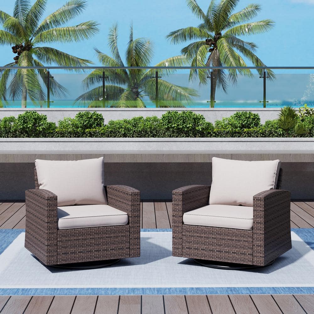 Dark Brown Rattan Wicker Outdoor Patio Swivel Chairs with Beige Cushions (2-Pack) price history on PriceWatchPro