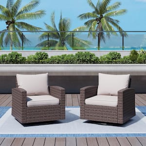 Dark Brown Rattan Wicker Outdoor Patio Swivel Chairs with Beige Cushions (2-Pack)