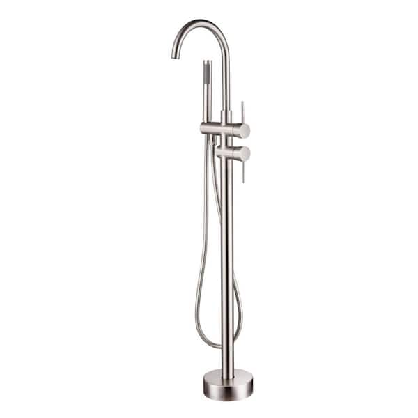 2-Handle Freestanding Tub Faucet with Hand Shower in Brushed Nickel