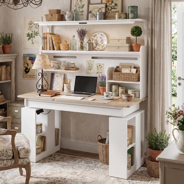 FUFU&GAGA 55.1 in. Rectangular White Wood Desk with Adjustable