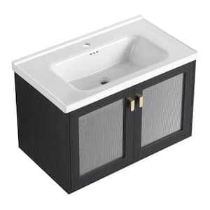 GLEM07 32.00 in. W x 18.70 in. D x 20.70 in. H Single Sink Floating Bath Vanity in Black with White Solid Surface Top