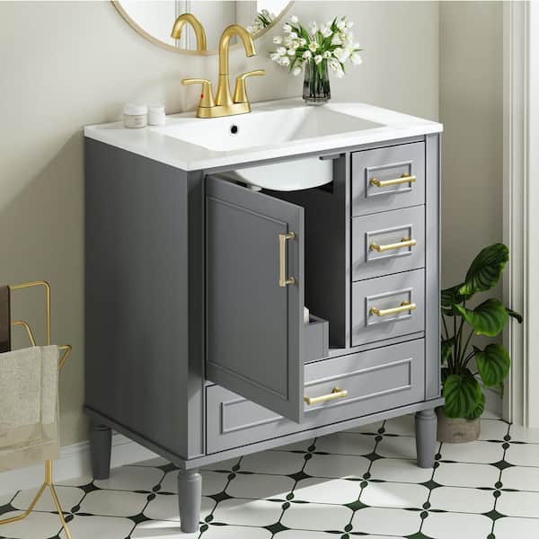Bezeit 30 in. Single Sink Gray Bath Vanity with White Ceramic Top Requires Assembly