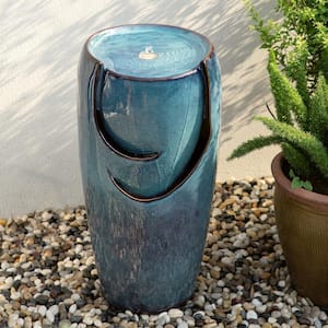 29.25 in. H Oversized Turquoise Ceramic Pot Fountain with Pump and LED Light