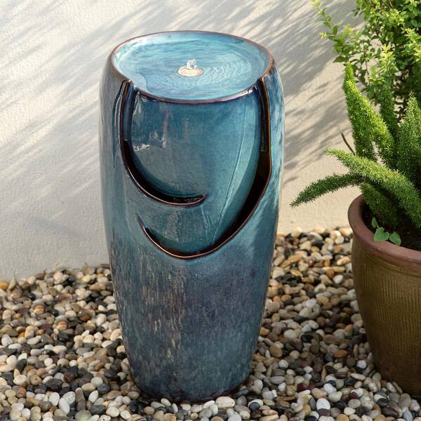 Glitzhome 29.25 in. H Oversized Turquoise Ceramic Pot Fountain with ...