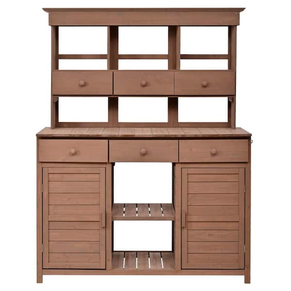 Tenleaf 50.2 in. W x 65.7 in. H Brown Garden Potting Bench Table with Hutch, 3 Shelves, 6 Drawers, 2 Bottom Cabinets, Side Hooks