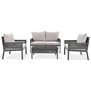 Gray 4-Piece Metal Rope Patio Conversation Set with Gray Cushions and Tempered Glass Table