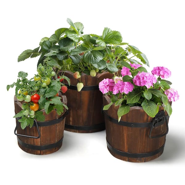 Karl home 8 in. Carbonized Solid Wood Planter Bucket Pot (Set of 3)