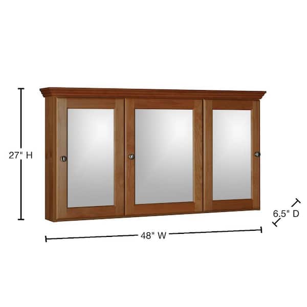 Ultraline 48 in. W x 27 in. H x 6-1/2 in. D Framed Tri-View Surface-Mount Bathroom Medicine Cabinet in Medium Alder Ultraline 48 in. W x 27 in. H x 6-1/2 in. D Framed Tri-View Surface-Mount Bathroom Medicine Cabinet in Medium Alder