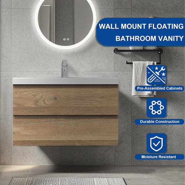 36 in. Wall-Mounted Floating Bath Vanity in Natural Oak with Single Solid Surface Sink Top in White