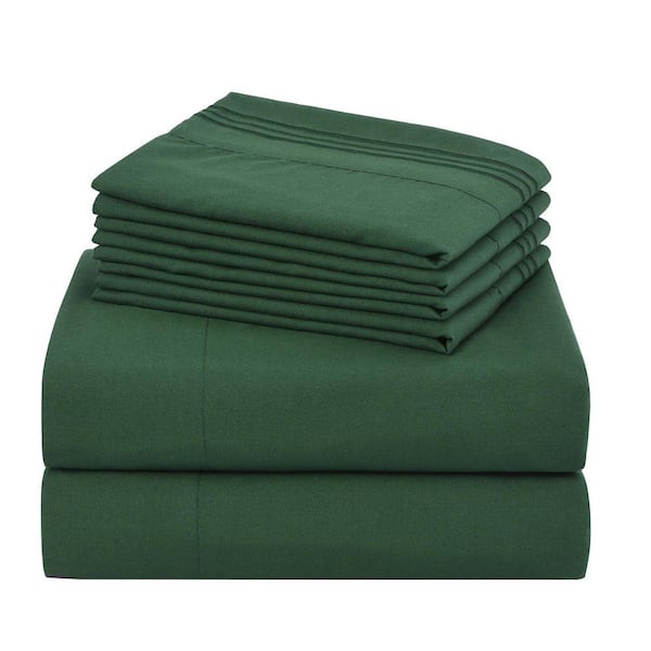 S6PCS 6-Pieces Green Embroidery Polyester King Size Soft Bed Sheets Set