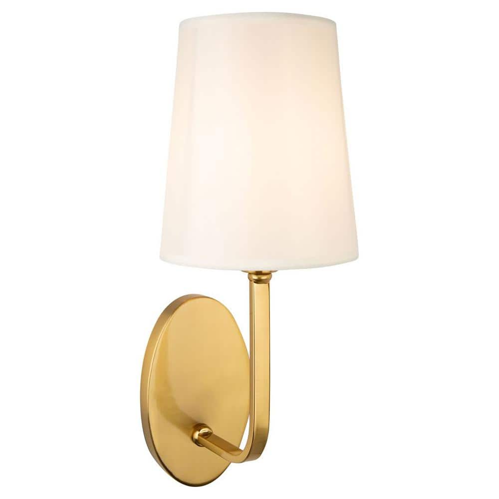 Brushed Gold Cylinder Sconce with White Linen Shade