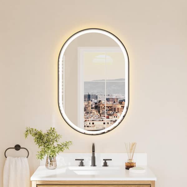 24 in. W x 36 in. H Oval Framed Wall Mount LED Bathroom Vanity Mirror with Dimmer, Defogger in Matte Black, ETL-Listed