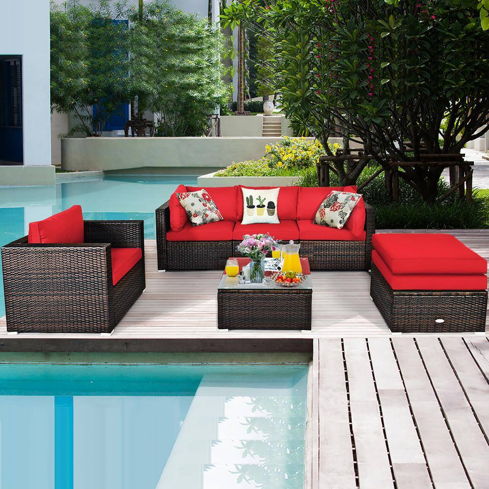 6-Piece Red Cushioned PE Rattan Outdoor Sectional Sofa Set