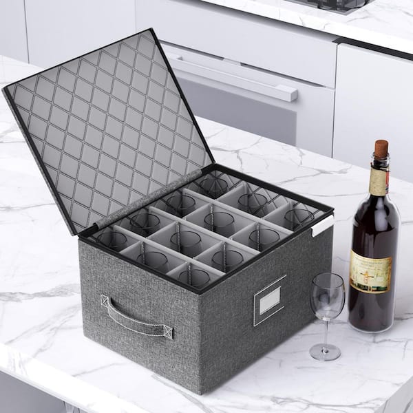 Gray Wine Glass Storage Box Holder with Dividers, Stackable Stemware Organizer Containers with Sturdy Handle