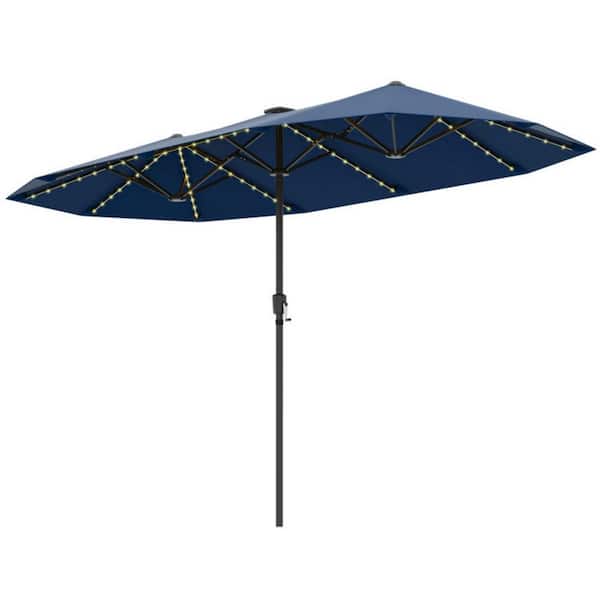 13 ft. Double-Side Market Patio Umbrella in Navy with LED Solar Lights and Crank