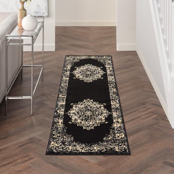 Grafix Black 2 ft. x 6 ft. Center medallion Transitional Runner Area Rug