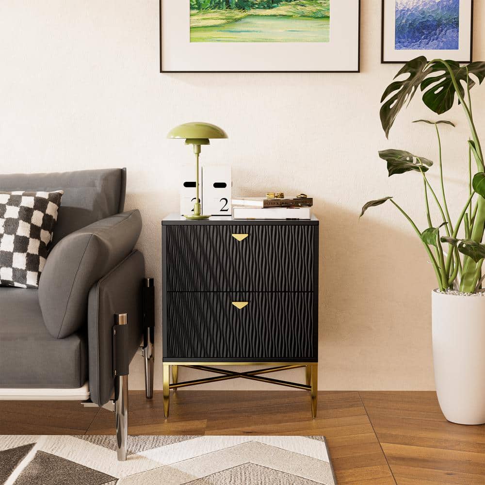 Black 2-Drawer Water Ripple Finish Designs Wood Nightstand with Square Supp