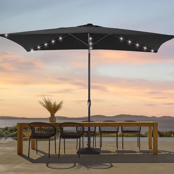 6 ft. x 9 ft. LED Rectangular Patio Market Umbrella with UPF50+, Tilt Function and Wind-Resistant Design in Black