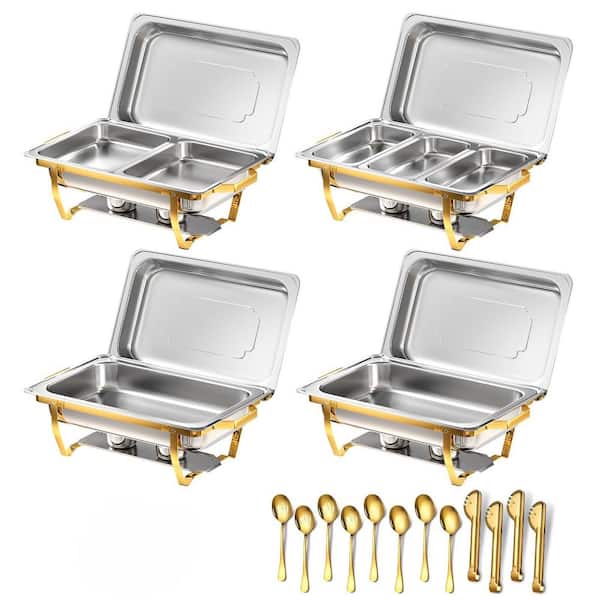 Rolled-Edge Series 8 qt. Half Gold Stainless Steel Chafing Dish Set Buffet Server with Thermal Insulation 4-Pack 7-Pans