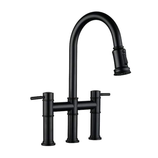 ALEASHA Double Handle Bridge Kitchen Faucet with Pull Down Sprayer in Oil Rubbed Bronze