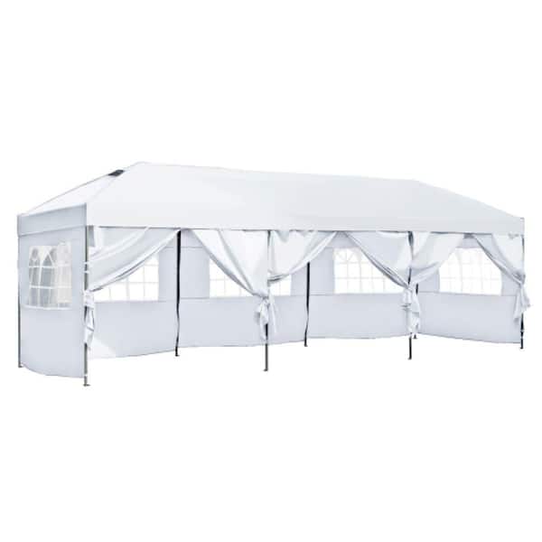 Heavy Duty 10 ft. x 30 ft. White Pop Up Canopy with Sidewalls, Outdoor Canopy Tent with Wheeled Bag, for Patio, Wedding