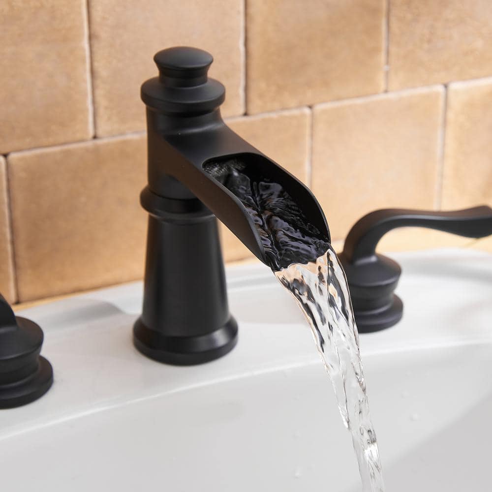 Matte Black Widespread Waterfall Bathroom Faucet with Lever Handles