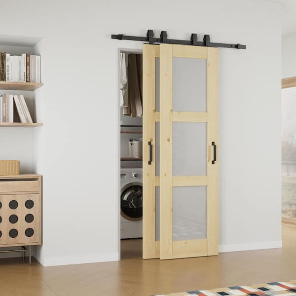 ARK DESIGN 40 in. x 80 in. 3-Lite Frosted Glass Unfinished Solid Core Pine Wood Sliding Barn Door with Hardware Kit Bypass