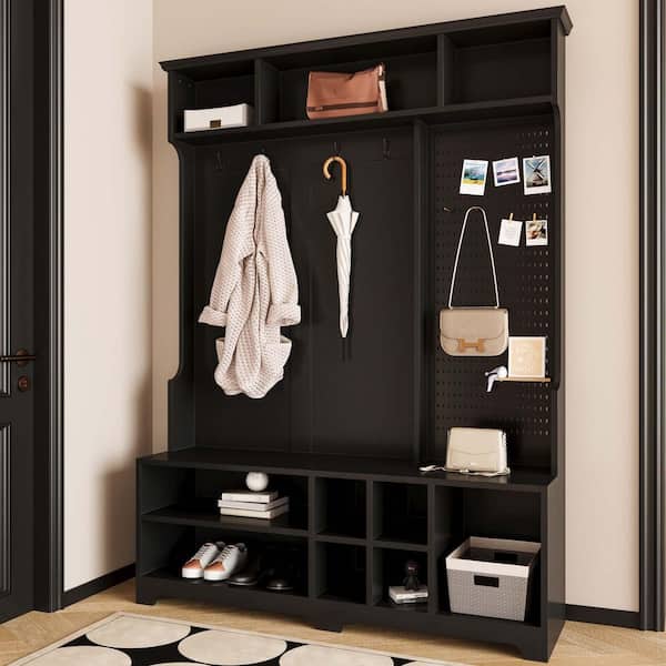 Unbranded 57.48 in. W x 14.96 in. D x 77. 17in. H Black Wood Hall Tree with Shoe Bench, Coat Rack, Storage Shelves and Pegboard