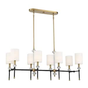 Tivoli 42 in. W x 16 in. H 8-Light Matte Black with Warm Brass Accents Linear Chandelier with White Fabric Shades