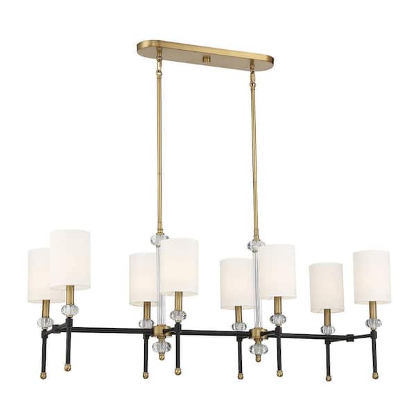 Savoy House Tivoli 42 in. W x 16 in. H 8-Light Matte Black with Warm Brass Accents Linear Chandelier with White Fabric Shades