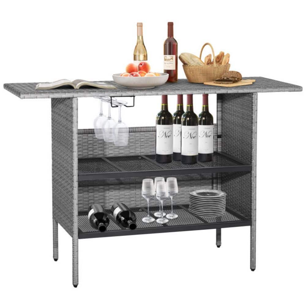 55 in. W Wicker Metal Frame Bar Height Patio Bistro Table Outdoor Rectangle Bar Table Table with Metal Shelves price history on PriceWatchPro