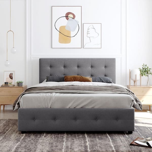 Upholstered Platform Bed, Grey Queen Size Bed Frame With Drawers
