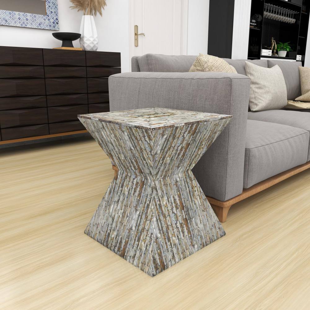 Handcrafted Shell Inlay Wooden Accent Table - Black and Gray