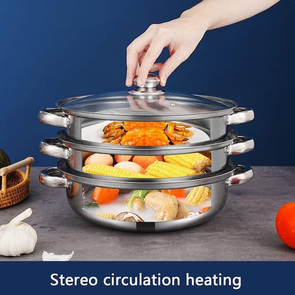 JFVKAF 3-Tier Stainless Steel Steamer Pot Set with Glass Lid and