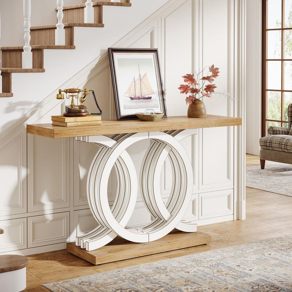 Turrella 55 in. Rectangle Wooden Console Table with Geometric Wood Base, Farmhouse Console Table for Living Room, White price history on PriceWatchPro