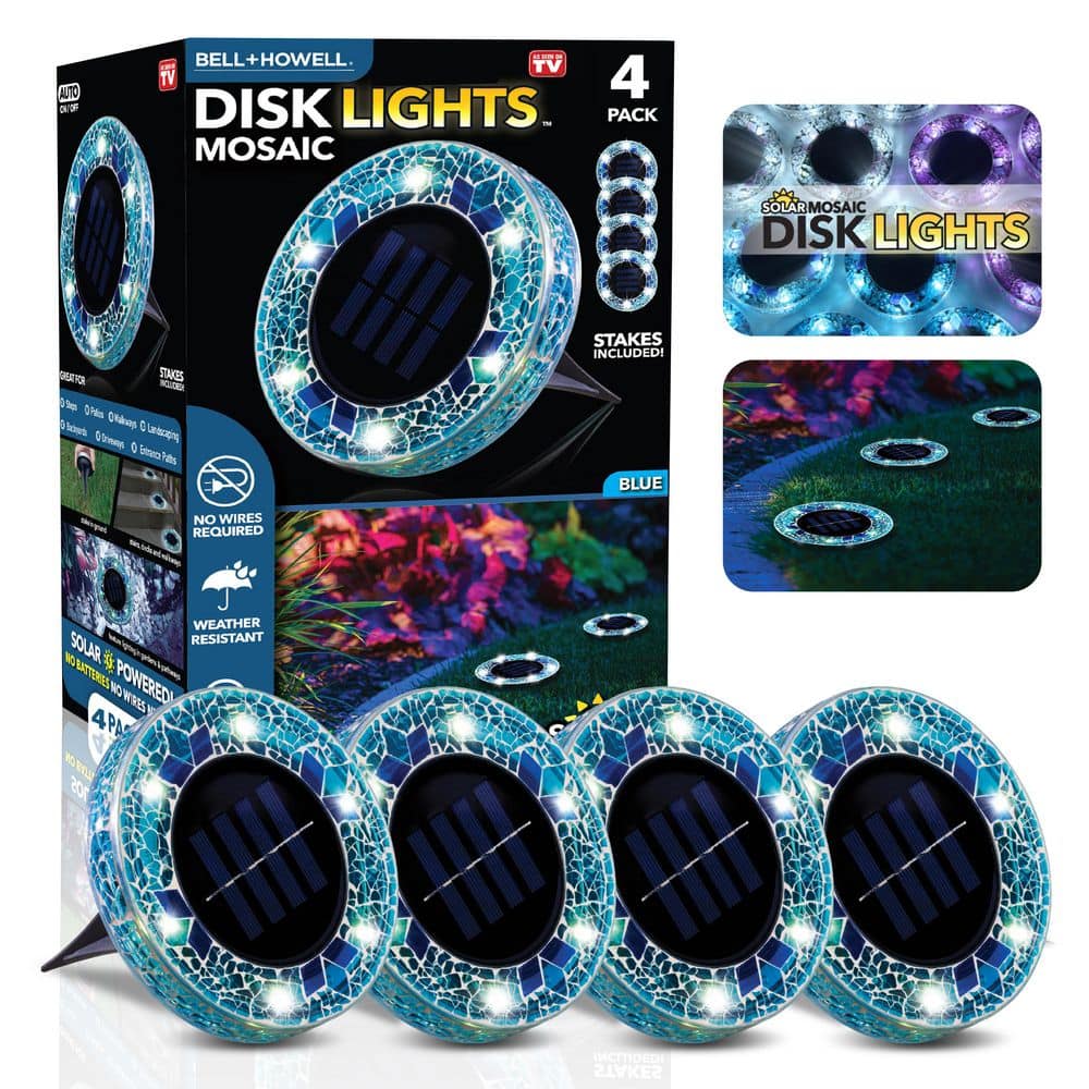 Blue Mosaic Solar Powered LED Disk Lights Set of 4