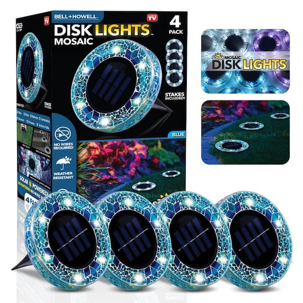 Bell + Howell Mosaic Disk Lights Low Voltage Blue Solar Powered LED Waterproof Path Light with Mosaic Glass Top (4-Pack)