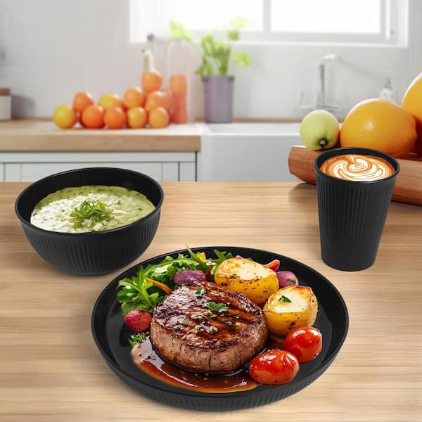 Wudkey 36-Piece Black Wheat Straw Dinnerware Set for 6