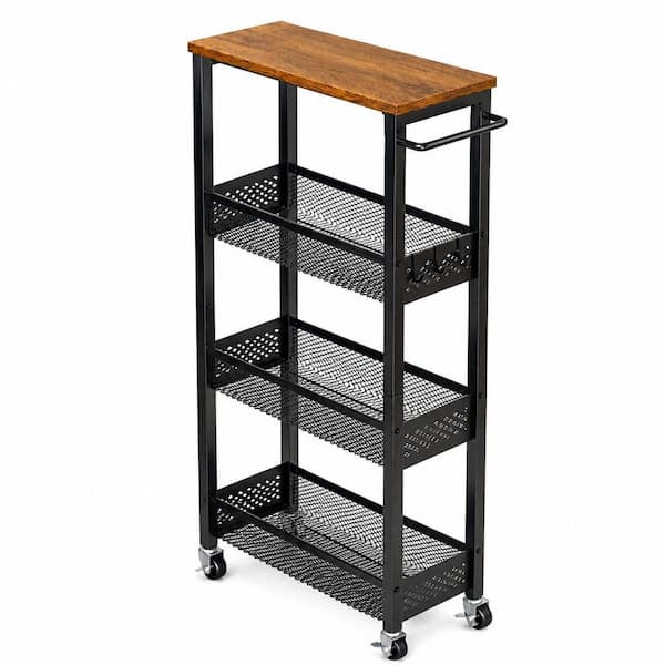 4-Tier Black Slim Rolling Storage Cart with Wood Top, Metal Frame, Narrow Organizer for Tight Spaces