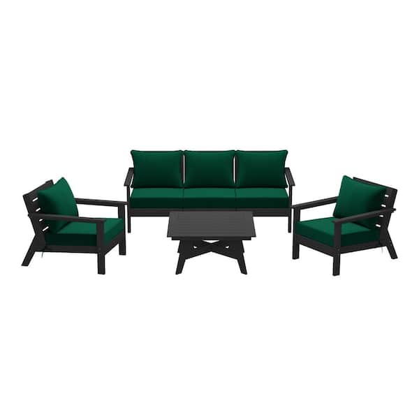WESTIN OUTDOOR Birchwood Black Arrangeable 6-Piece Outdoor Patio HDPE Deep Seating Conversation Sofa Set w/ Green Cushions