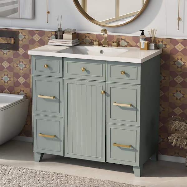 Qualler 36 in. W x 18 in. D x 34.3 in. H Single Sink Freestanding Bath Vanity in Green with White Resin Top