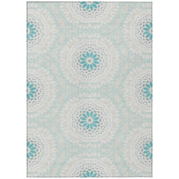 Teal Blue, Beige, Ivory 5 ft. x 8 ft. Woven Floral, Medallion Polyester Rectangle Indoor/Outdoor Area Rug