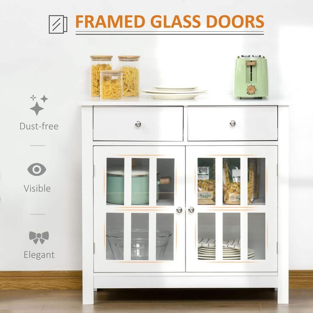 Modern White Sideboard Buffet with Glass Doors and Drawers